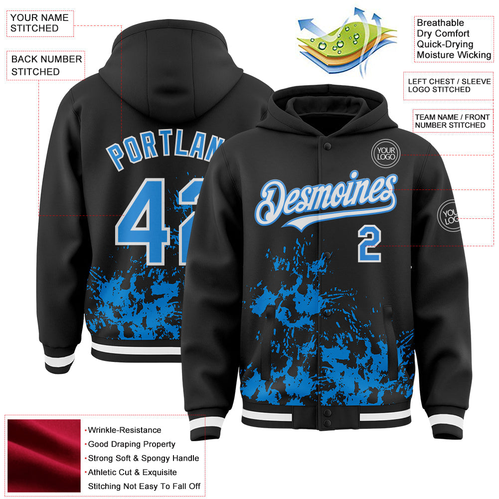 Custom Black Powder Blue-White Splash Art 3D Pattern Design Bomber Full-Snap Varsity Letterman Hoodie Jacket view 4