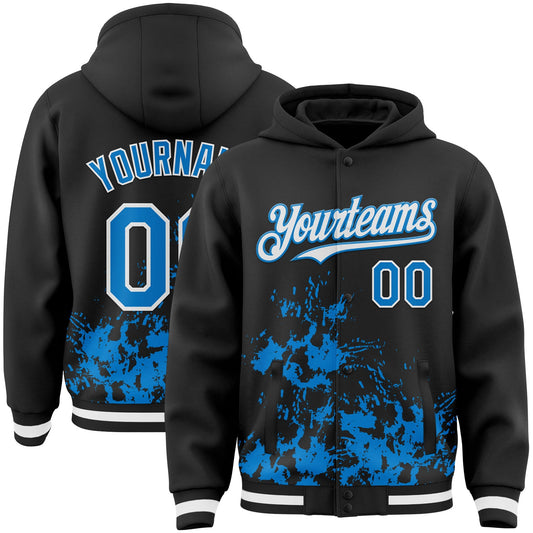 Custom Black Powder Blue-White Splash Art 3D Pattern Design Bomber Full-Snap Varsity Letterman Hoodie Jacket - Main View