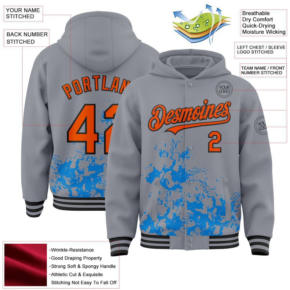 Custom Gray Orange Powder Blue-Black Splash Art 3D Pattern Design Bomber Full-Snap Varsity Letterman Hoodie Jacket view 4