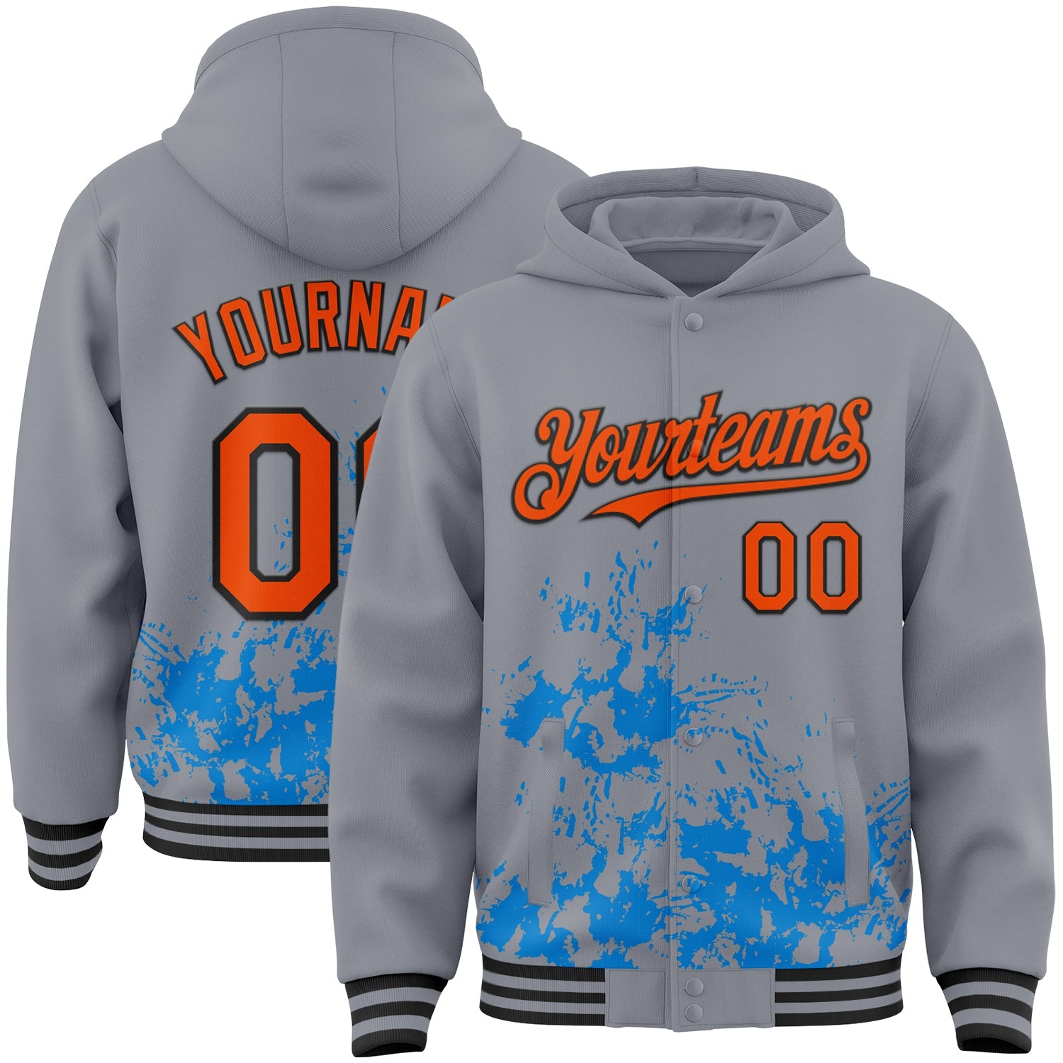 Custom Gray Orange Powder Blue-Black Splash Art 3D Pattern Design Bomber Full-Snap Varsity Letterman Hoodie Jacket - Main View