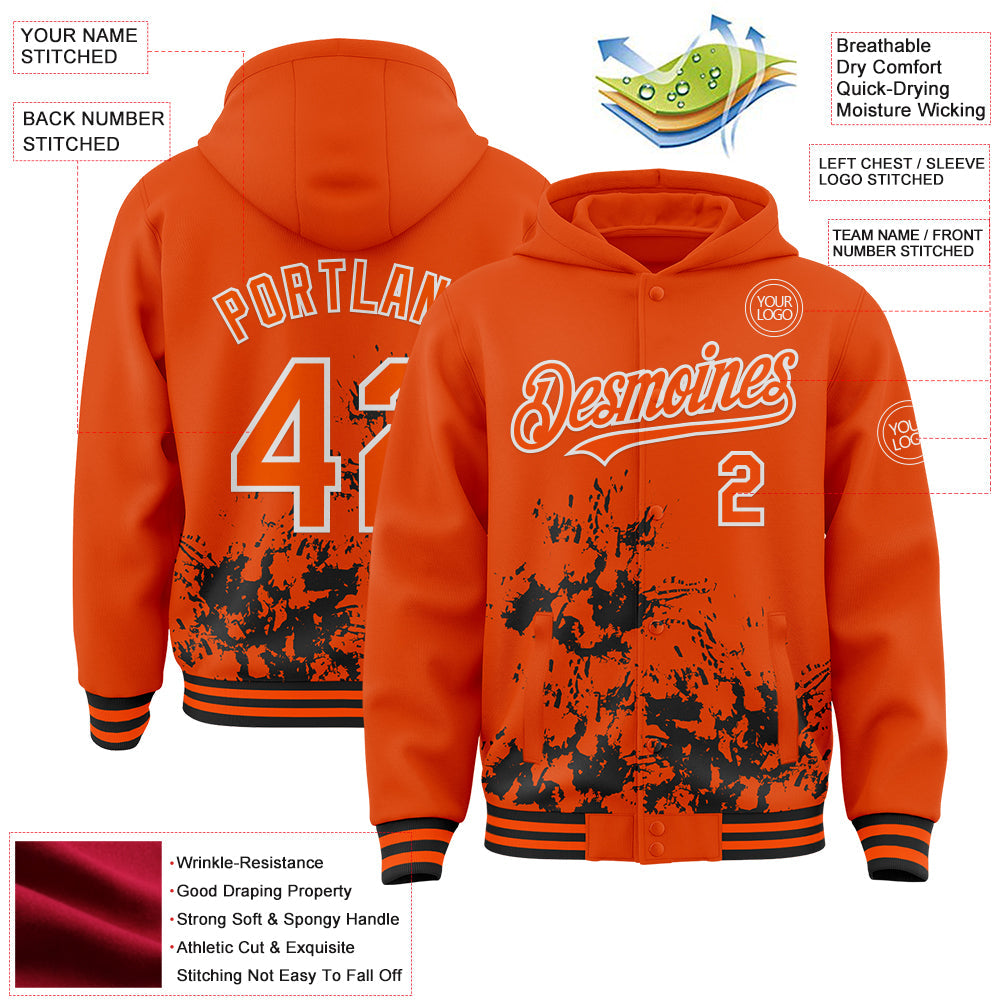 Custom Orange Black-White Splash Art 3D Pattern Design Bomber Full-Snap Varsity Letterman Hoodie Jacket view 4