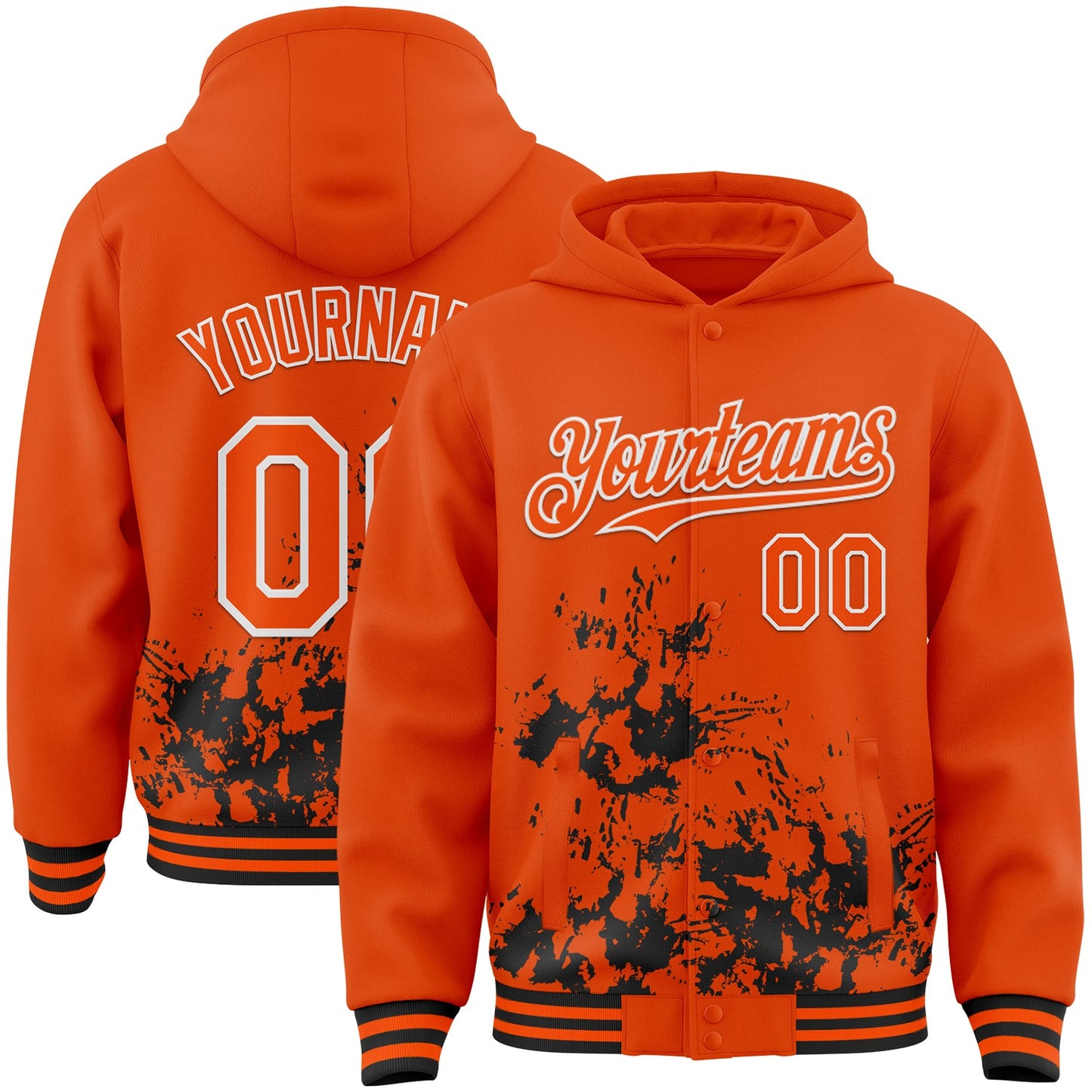 Custom Orange Black-White Splash Art 3D Pattern Design Bomber Full-Snap Varsity Letterman Hoodie Jacket - Main View