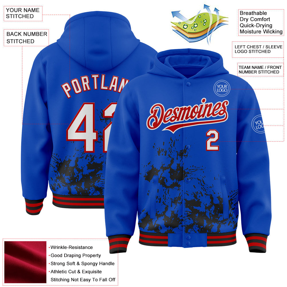 Custom Thunder Blue White Black-Red Splash Art 3D Pattern Design Bomber Full-Snap Varsity Letterman Hoodie Jacket view 4