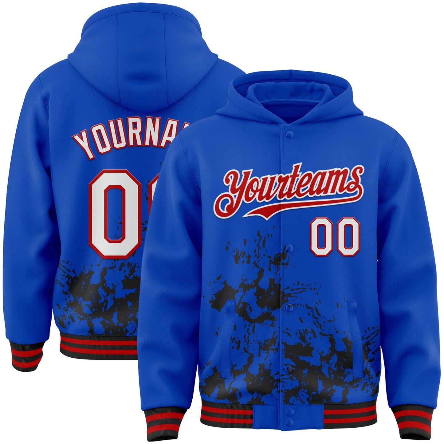 Custom Thunder Blue White Black-Red Splash Art 3D Pattern Design Bomber Full-Snap Varsity Letterman Hoodie Jacket - Main View