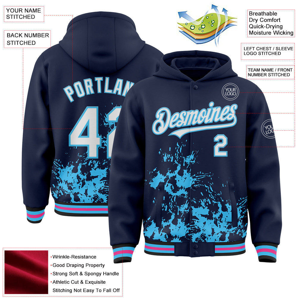 Custom Navy White Sky Blue Black-Pink Splash Art 3D Pattern Design Bomber Full-Snap Varsity Letterman Hoodie Jacket view 4