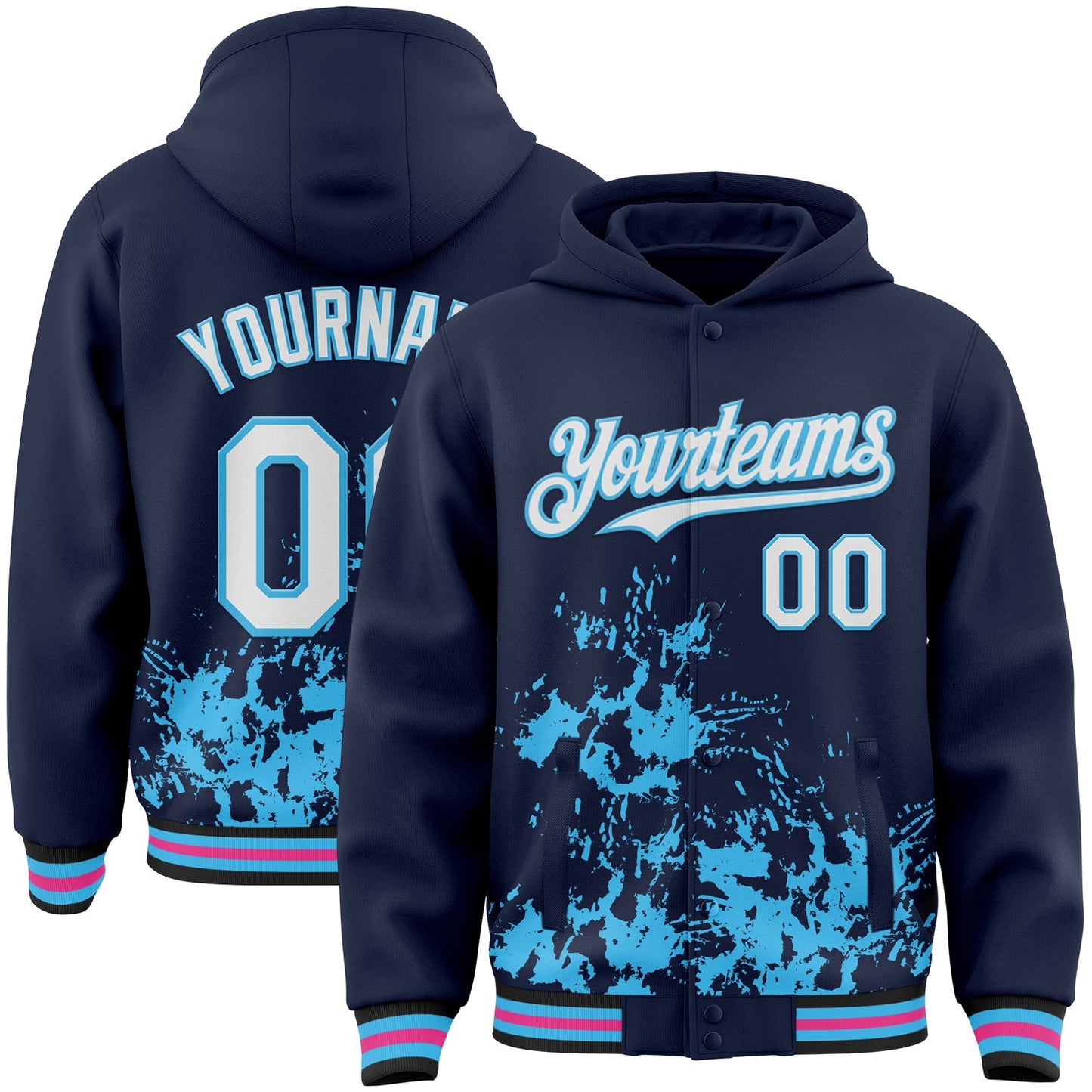 Custom Navy White Sky Blue Black-Pink Splash Art 3D Pattern Design Bomber Full-Snap Varsity Letterman Hoodie Jacket - Main View