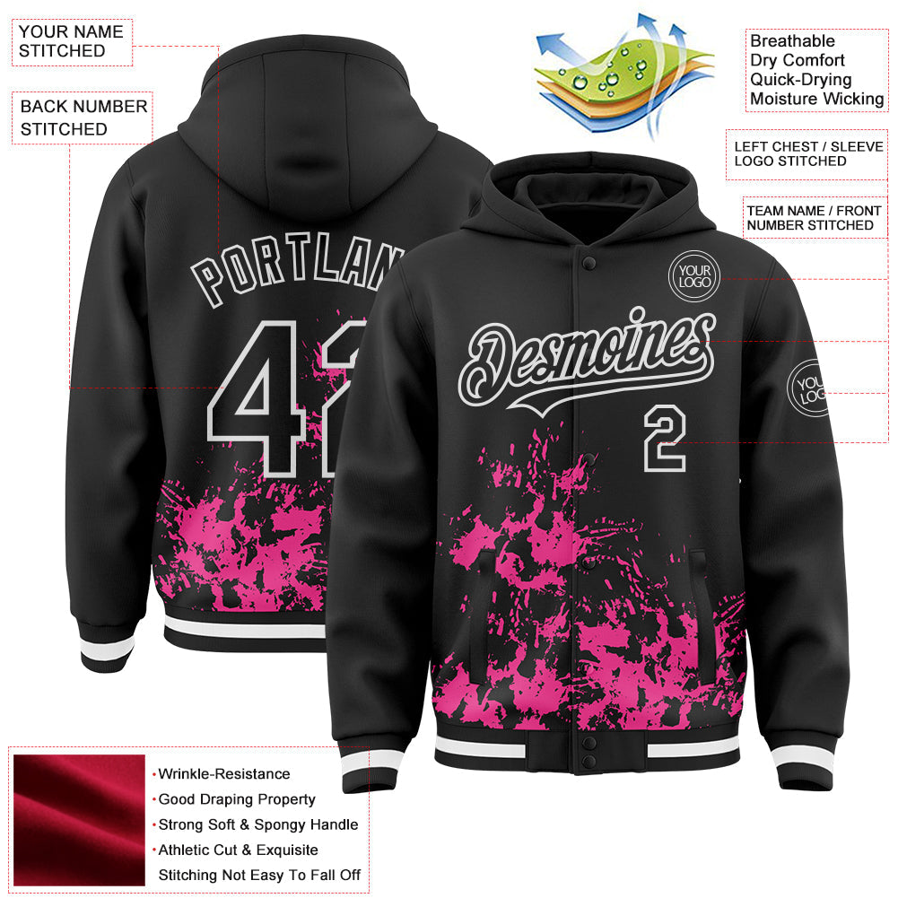 Custom Black Pink-White Splash Art 3D Pattern Design Bomber Full-Snap Varsity Letterman Hoodie Jacket view 4