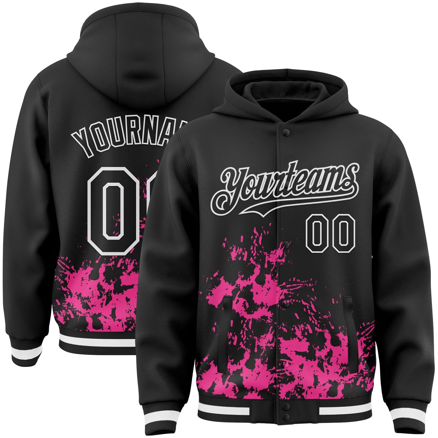 Custom Black Pink-White Splash Art 3D Pattern Design Bomber Full-Snap Varsity Letterman Hoodie Jacket - Main View