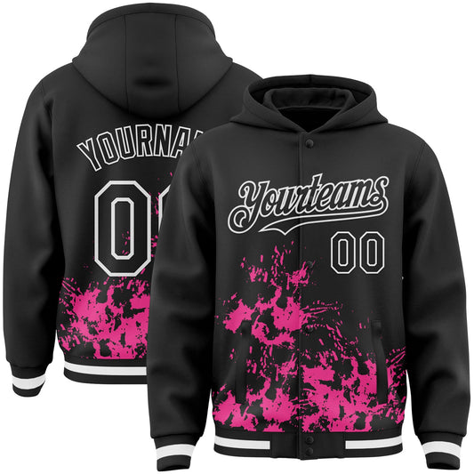 Custom Black Pink-White Splash Art 3D Pattern Design Bomber Full-Snap Varsity Letterman Hoodie Jacket - Main View