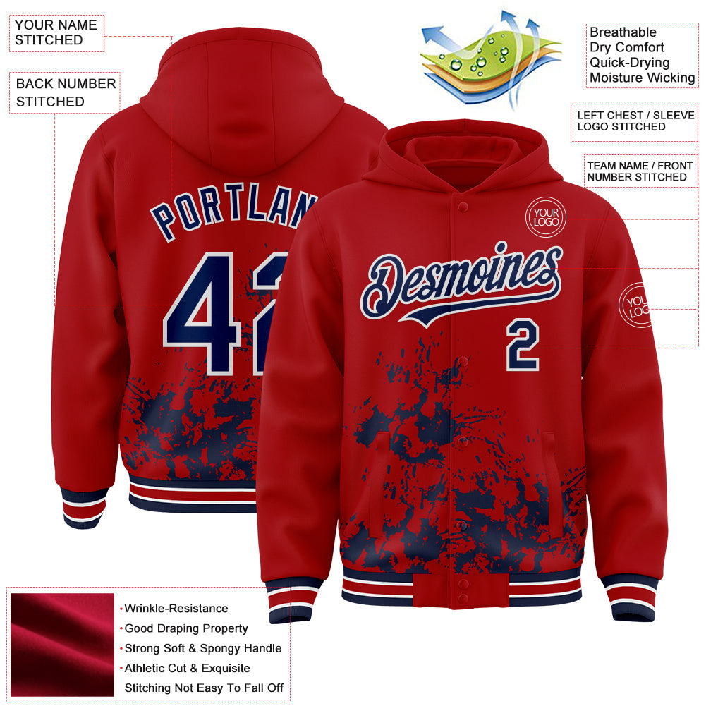 Custom Red Navy-White Splash Art 3D Pattern Design Bomber Full-Snap Varsity Letterman Hoodie Jacket view 4