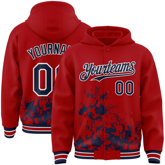 Custom Red Navy-White Splash Art 3D Pattern Design Bomber Full-Snap Varsity Letterman Hoodie Jacket - Main View