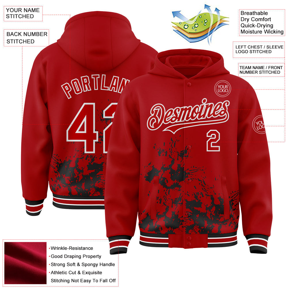 Custom Red Black-White Splash Art 3D Pattern Design Bomber Full-Snap Varsity Letterman Hoodie Jacket view 4