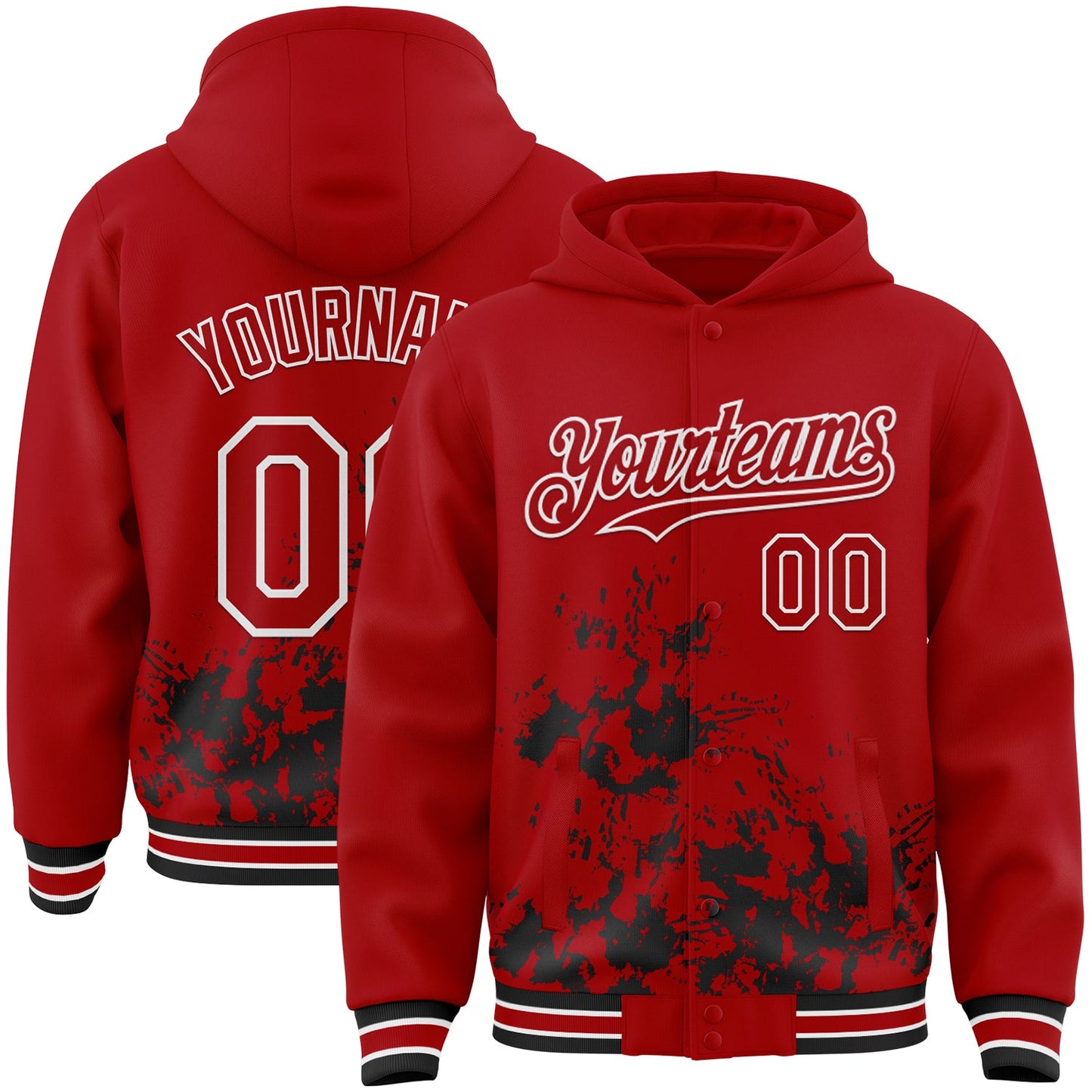 Custom Red Black-White Splash Art 3D Pattern Design Bomber Full-Snap Varsity Letterman Hoodie Jacket - Main View
