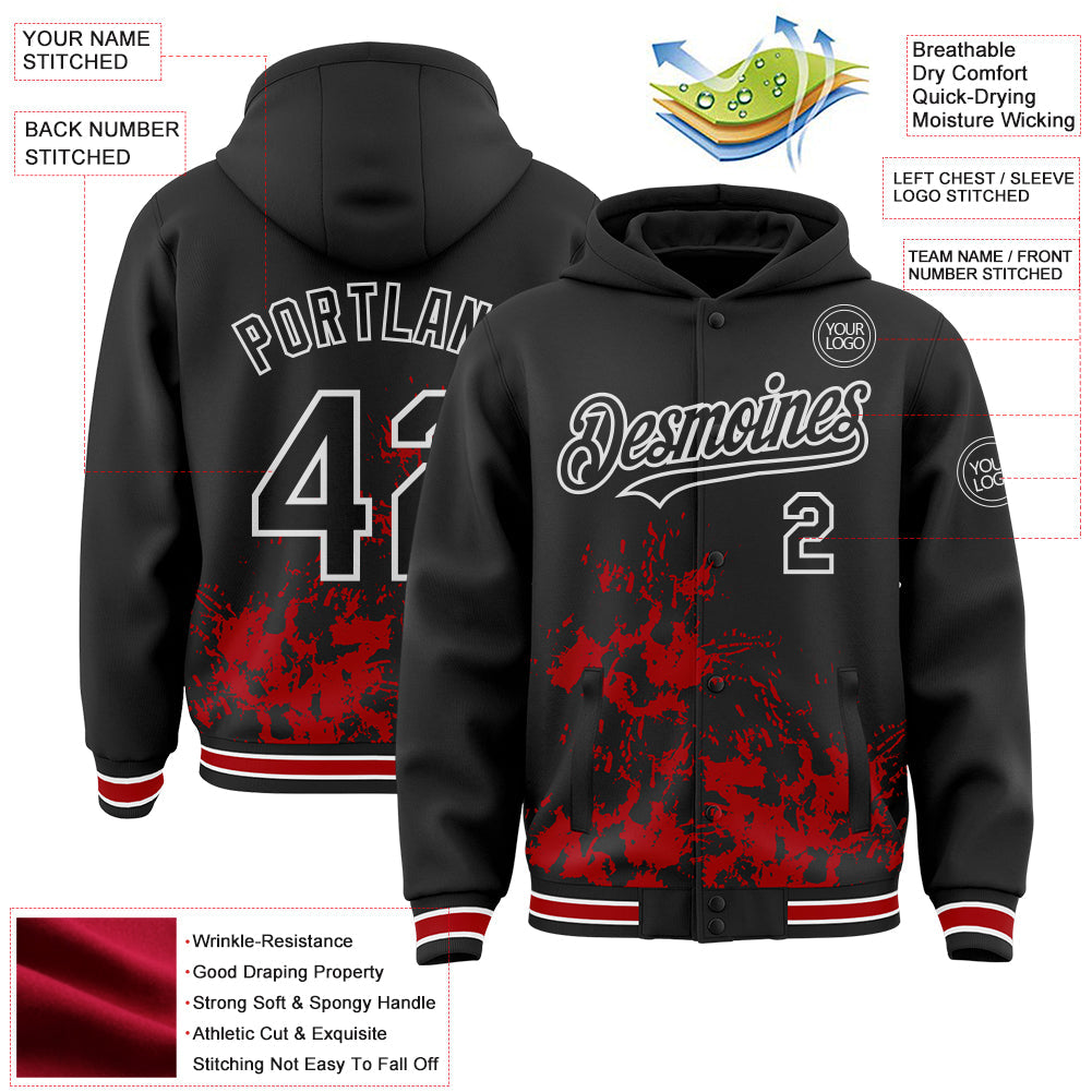 Custom Black Red-White Splash Art 3D Pattern Design Bomber Full-Snap Varsity Letterman Hoodie Jacket view 4