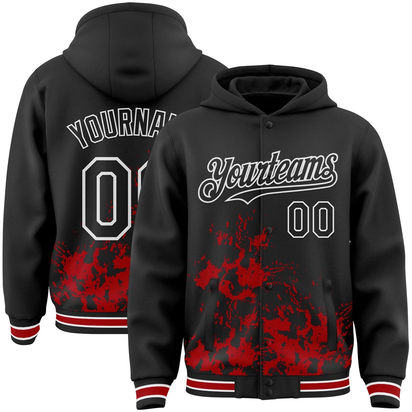 Custom Black Red-White Splash Art 3D Pattern Design Bomber Full-Snap Varsity Letterman Hoodie Jacket - Main View