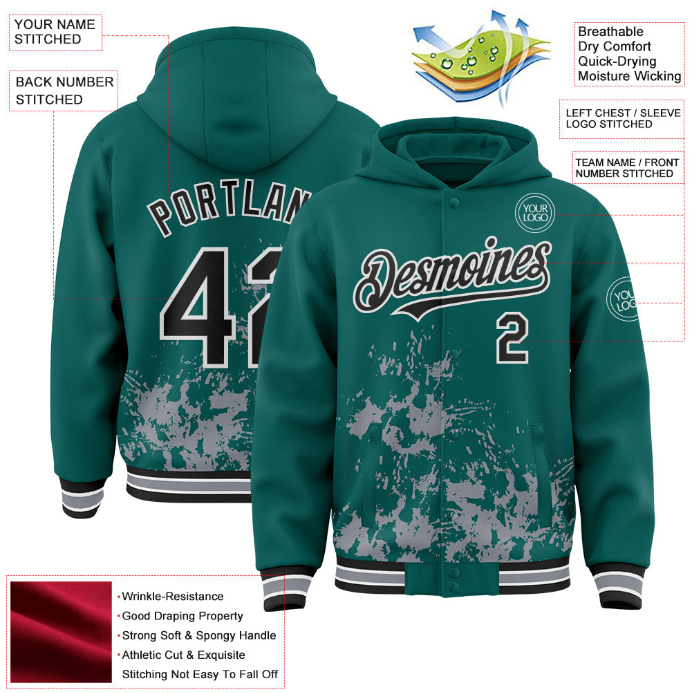 Custom Midnight Green Black Gray-White Splash Art 3D Pattern Design Bomber Full-Snap Varsity Letterman Hoodie Jacket view 4