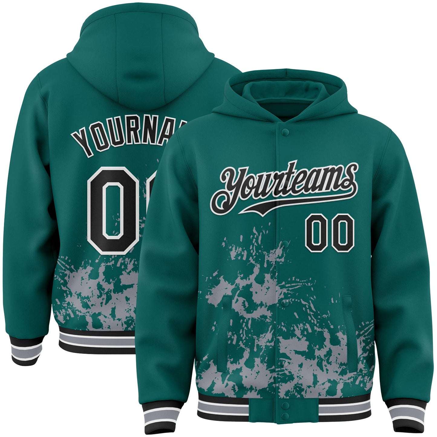Custom Midnight Green Black Gray-White Splash Art 3D Pattern Design Bomber Full-Snap Varsity Letterman Hoodie Jacket - Main View