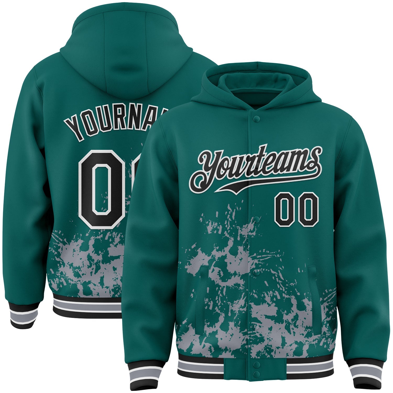 Custom Midnight Green Black Gray-White Splash Art 3D Pattern Design Bomber Full-Snap Varsity Letterman Hoodie Jacket - Main View