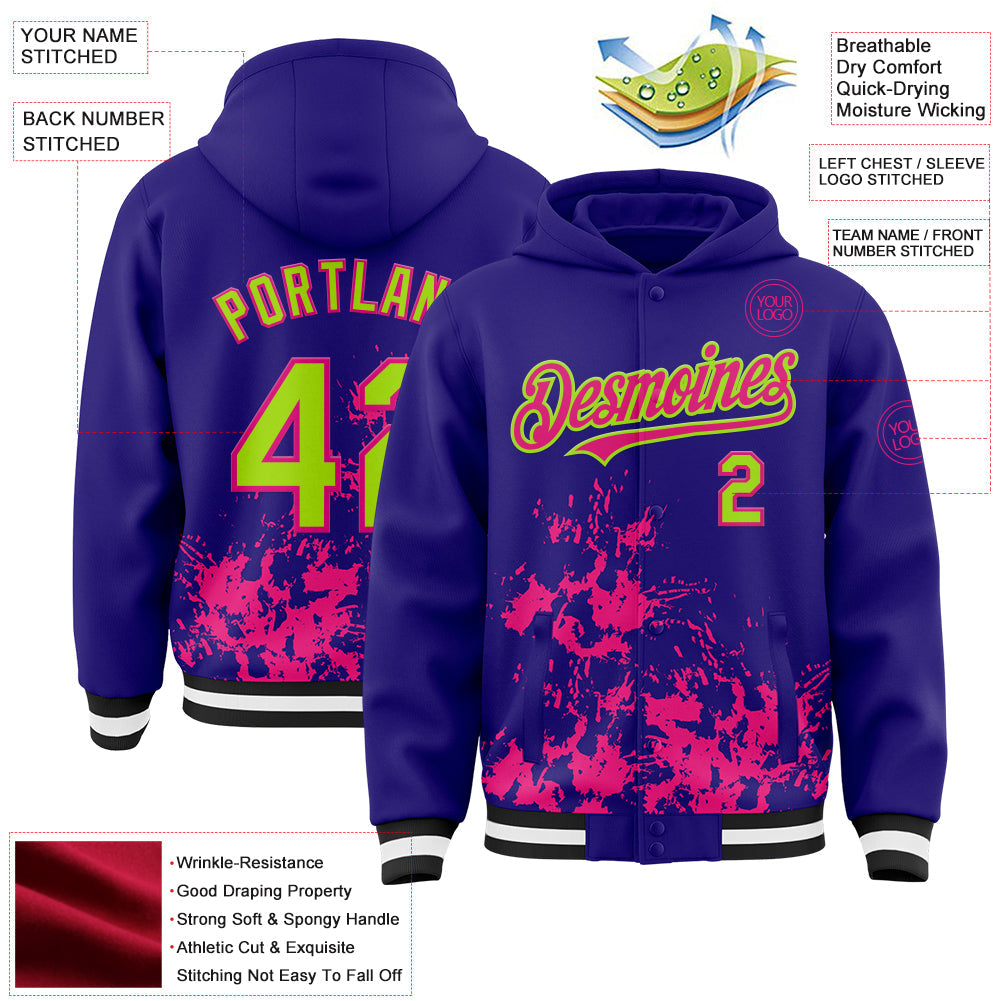 Custom Dark Purple Neon Green Hot Pink Black-White Splash Art 3D Pattern Design Bomber Full-Snap Varsity Letterman Hoodie Jacket view 4