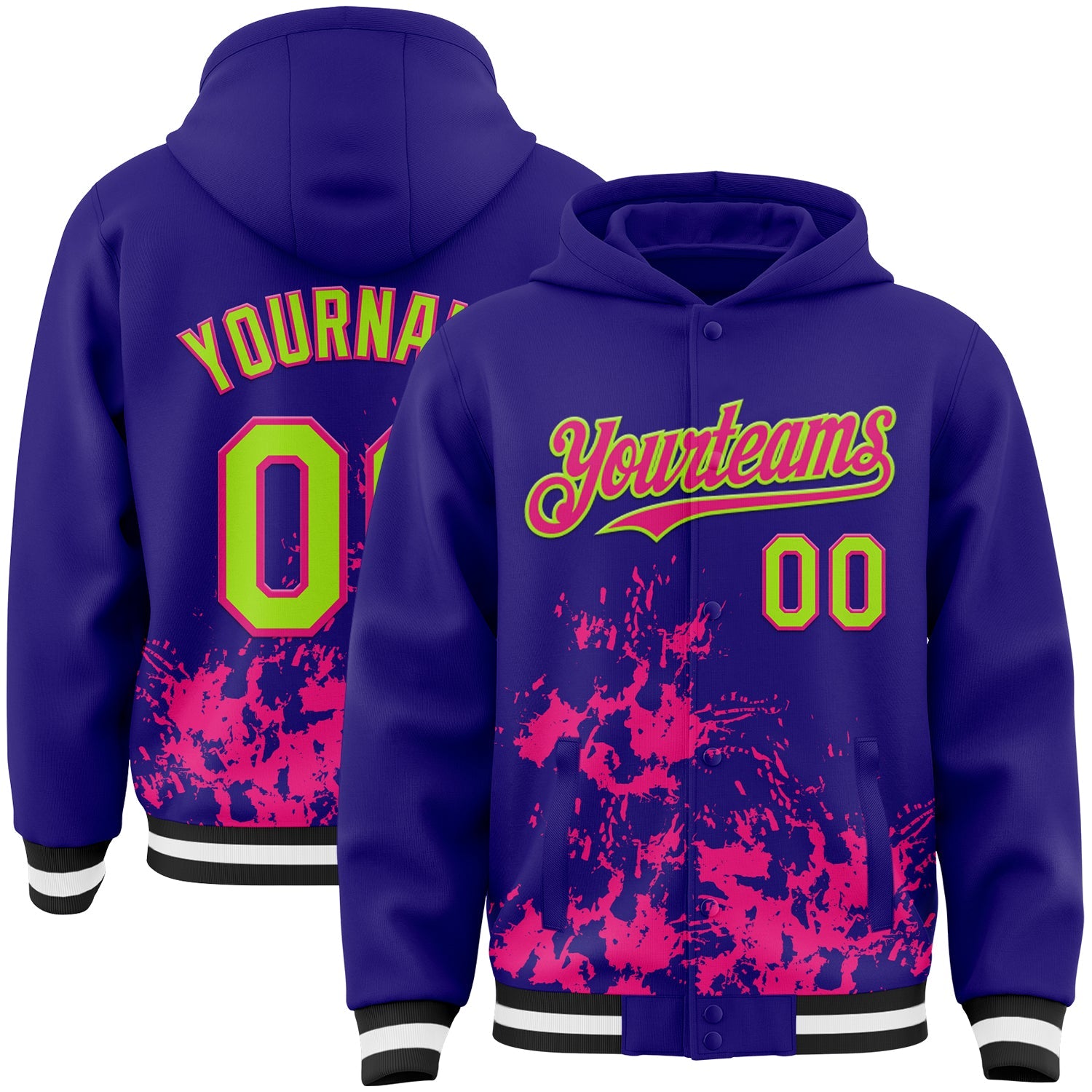 Custom Dark Purple Neon Green Hot Pink Black-White Splash Art 3D Pattern Design Bomber Full-Snap Varsity Letterman Hoodie Jacket - Main View