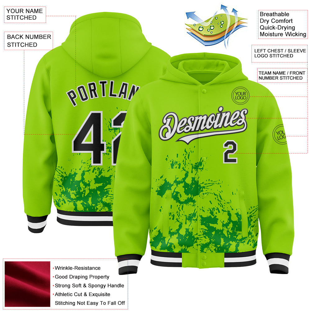 Custom Neon Green Black Grass Green-White Splash Art 3D Pattern Design Bomber Full-Snap Varsity Letterman Hoodie Jacket view 4
