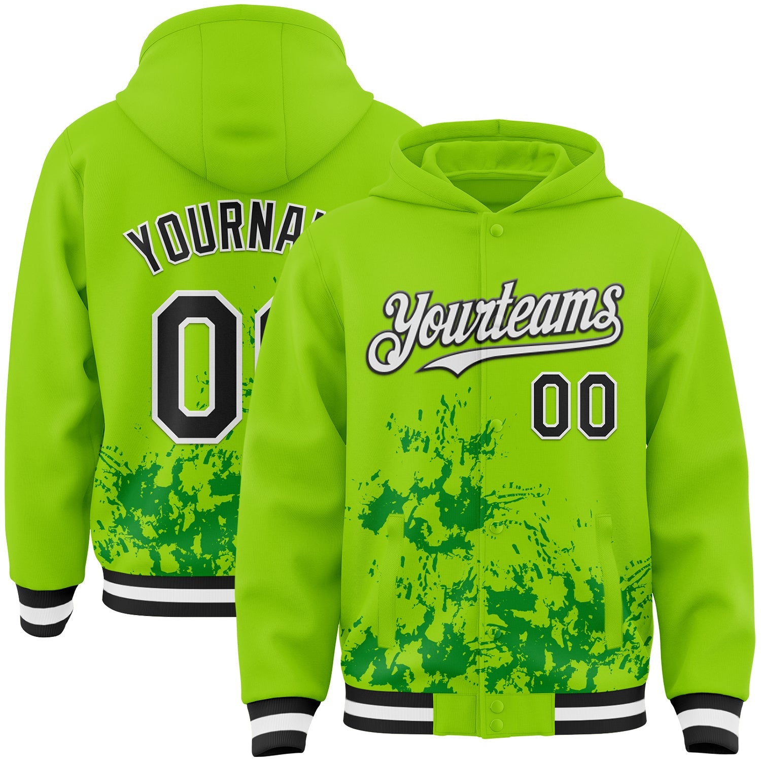 Custom Neon Green Black Grass Green-White Splash Art 3D Pattern Design Bomber Full-Snap Varsity Letterman Hoodie Jacket - Main View