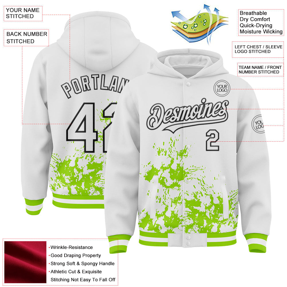 Custom White Neon Green-Black Splash Art 3D Pattern Design Bomber Full-Snap Varsity Letterman Hoodie Jacket view 4