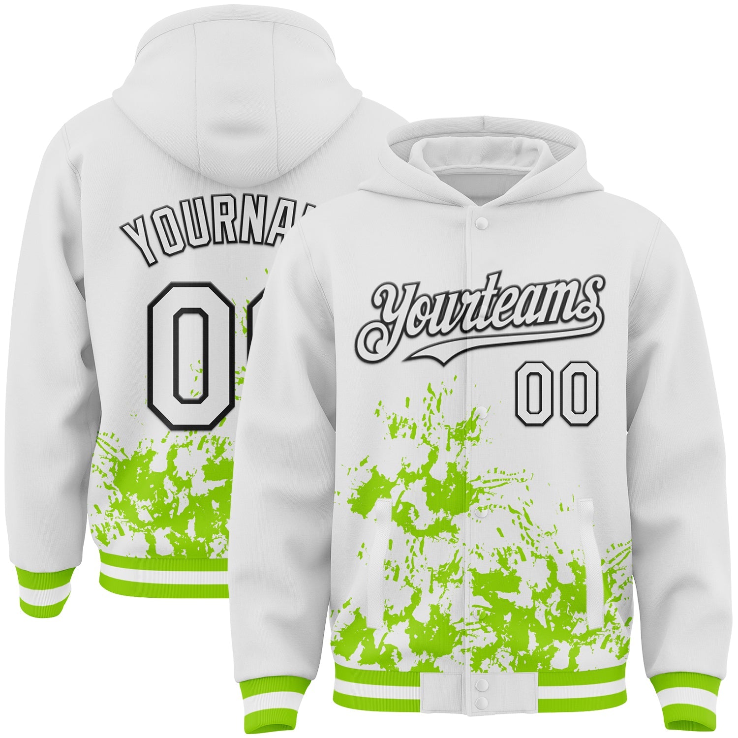 Custom White Neon Green-Black Splash Art 3D Pattern Design Bomber Full-Snap Varsity Letterman Hoodie Jacket - Main View