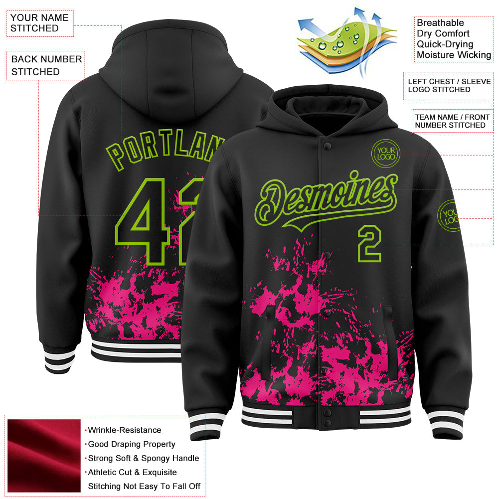 Custom Black Hot Pink Neon Green-White Splash Art 3D Pattern Design Bomber Full-Snap Varsity Letterman Hoodie Jacket view 4