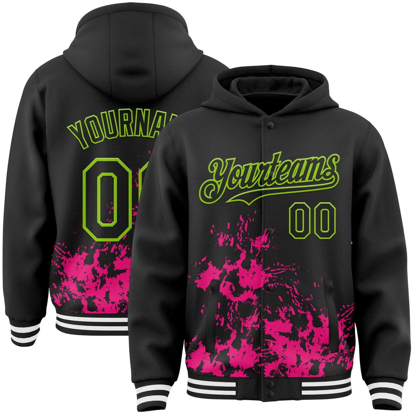 Custom Black Hot Pink Neon Green-White Splash Art 3D Pattern Design Bomber Full-Snap Varsity Letterman Hoodie Jacket - Main View