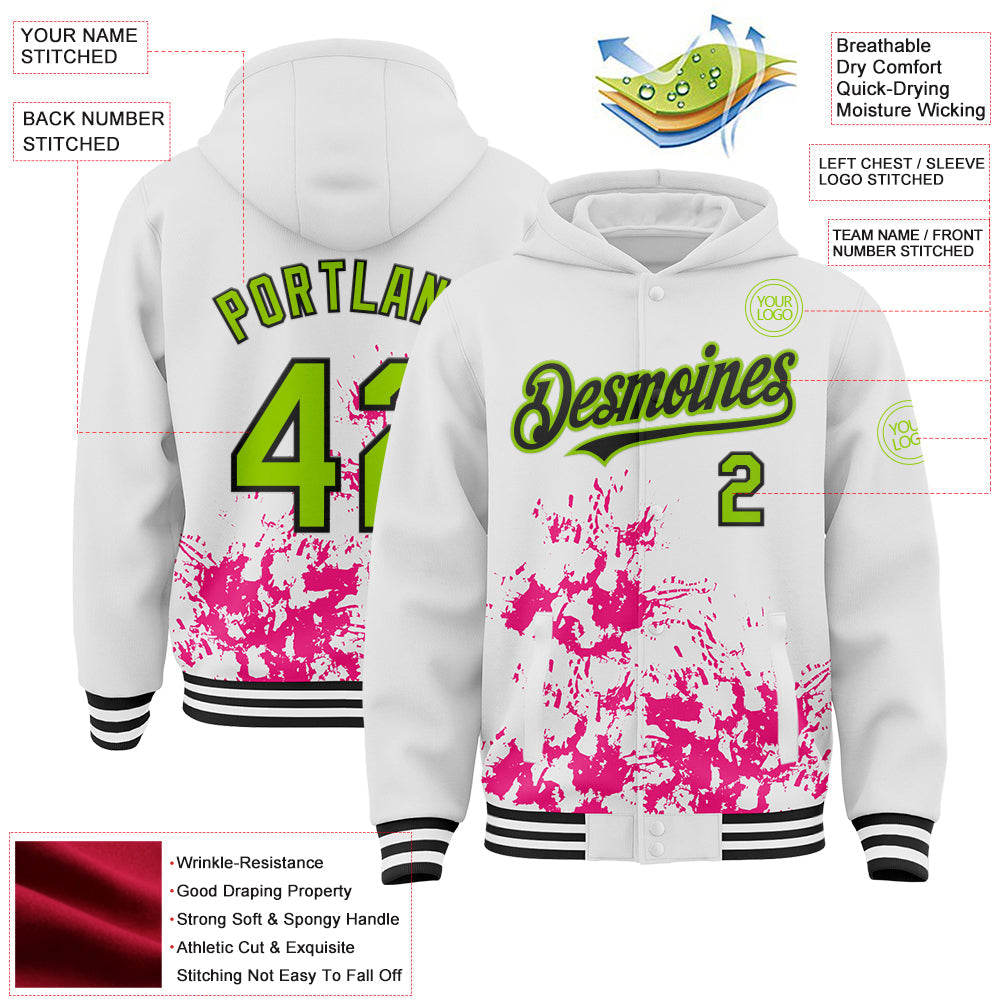 Custom White Neon Green Hot Pink-Black Splash Art 3D Pattern Design Bomber Full-Snap Varsity Letterman Hoodie Jacket view 4