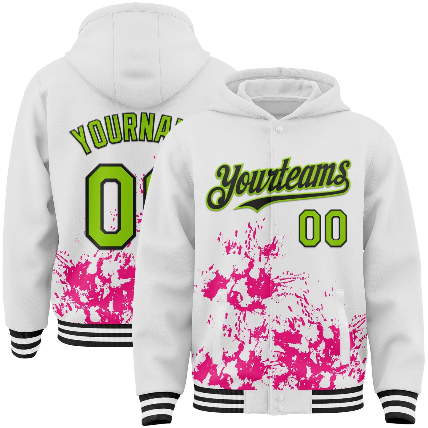 Custom White Neon Green Hot Pink-Black Splash Art 3D Pattern Design Bomber Full-Snap Varsity Letterman Hoodie Jacket - Main View