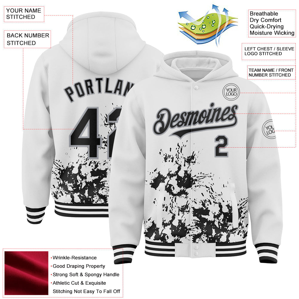 Custom White Black-Gray Splash Art 3D Pattern Design Bomber Full-Snap Varsity Letterman Hoodie Jacket view 4