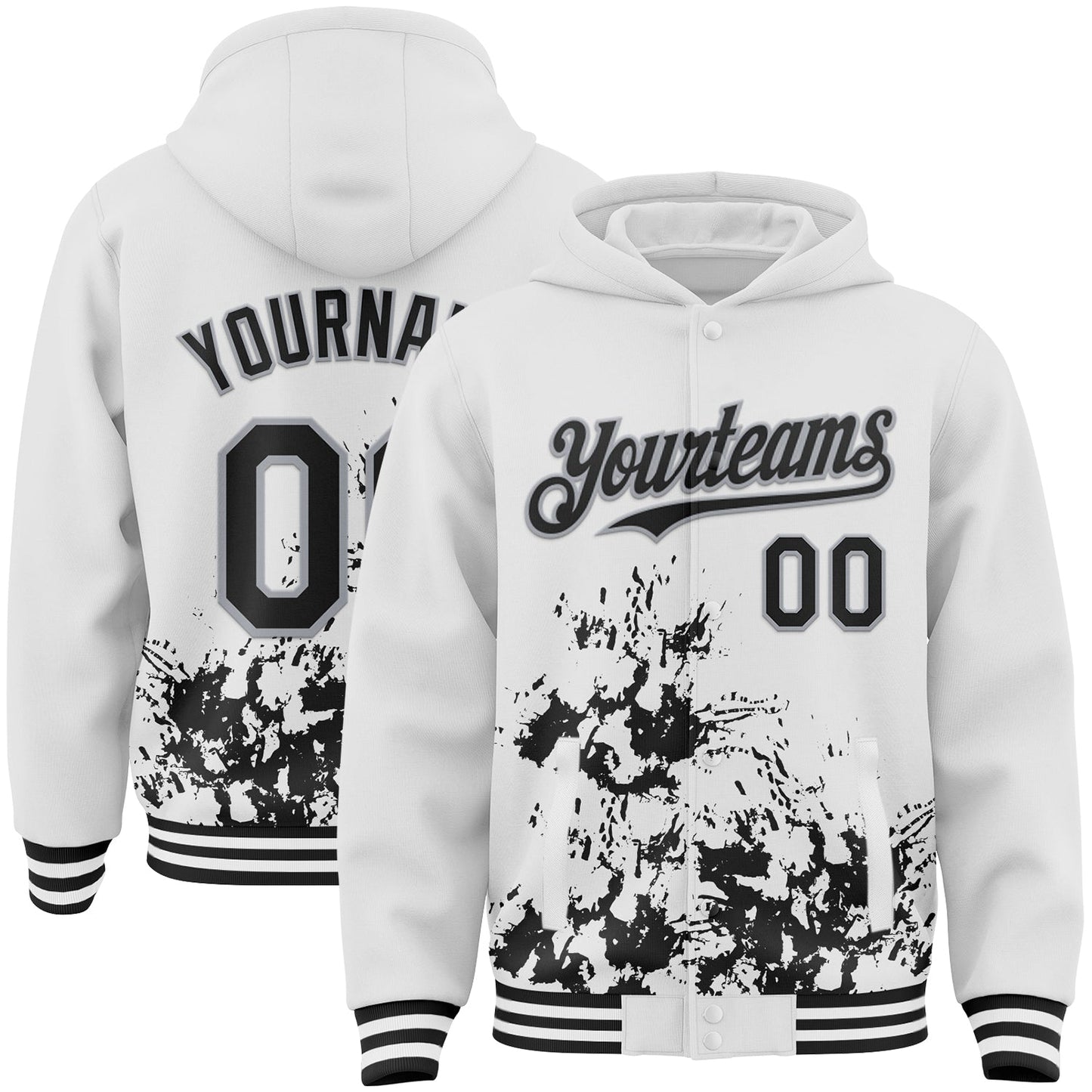 Custom White Black-Gray Splash Art 3D Pattern Design Bomber Full-Snap Varsity Letterman Hoodie Jacket - Main View