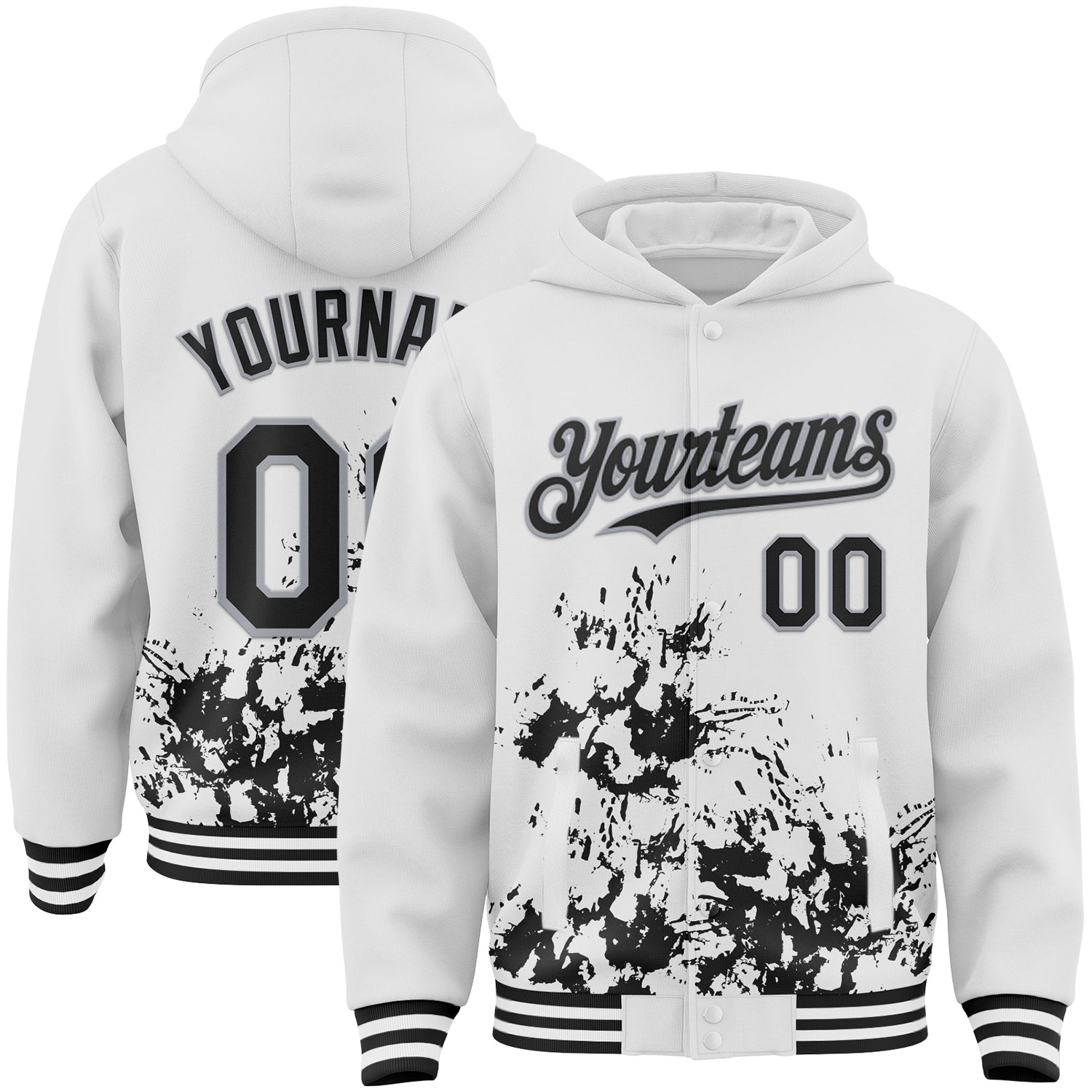 Custom White Black-Gray Splash Art 3D Pattern Design Bomber Full-Snap Varsity Letterman Hoodie Jacket - Main View