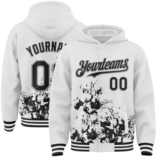 Custom White Black-Gray Splash Art 3D Pattern Design Bomber Full-Snap Varsity Letterman Hoodie Jacket - Main View