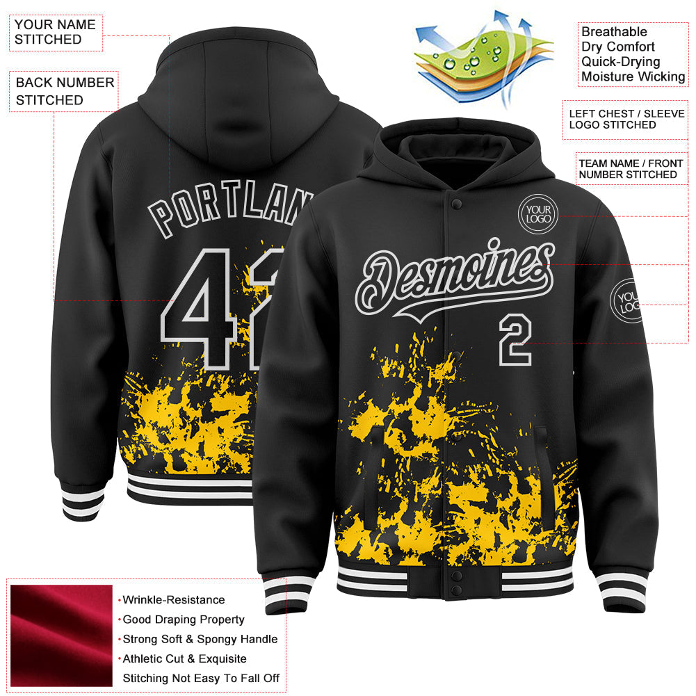 Custom Black Yellow-White Splash Art 3D Pattern Design Bomber Full-Snap Varsity Letterman Hoodie Jacket view 4