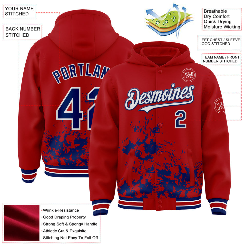 Custom Red Royal-White Splash Art 3D Pattern Design Bomber Full-Snap Varsity Letterman Hoodie Jacket view 4