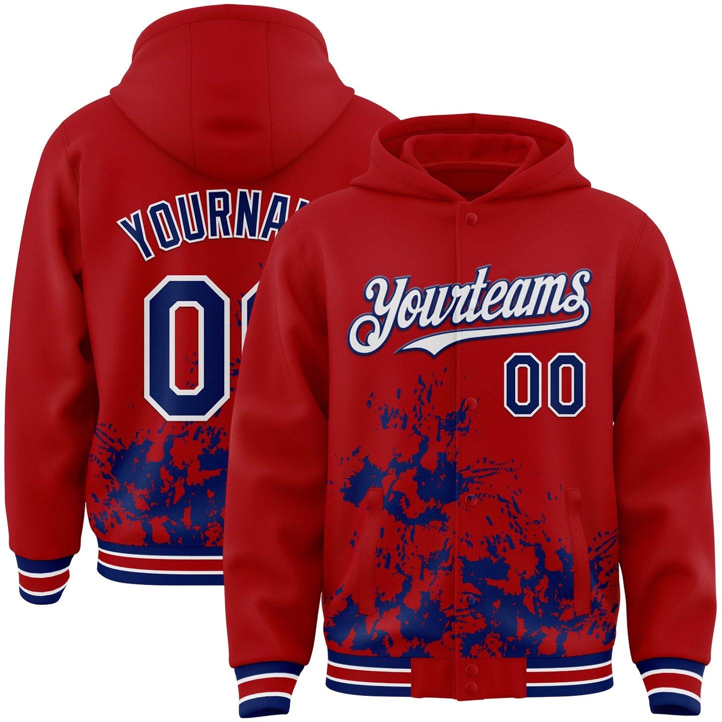 Custom Red Royal-White Splash Art 3D Pattern Design Bomber Full-Snap Varsity Letterman Hoodie Jacket - Main View