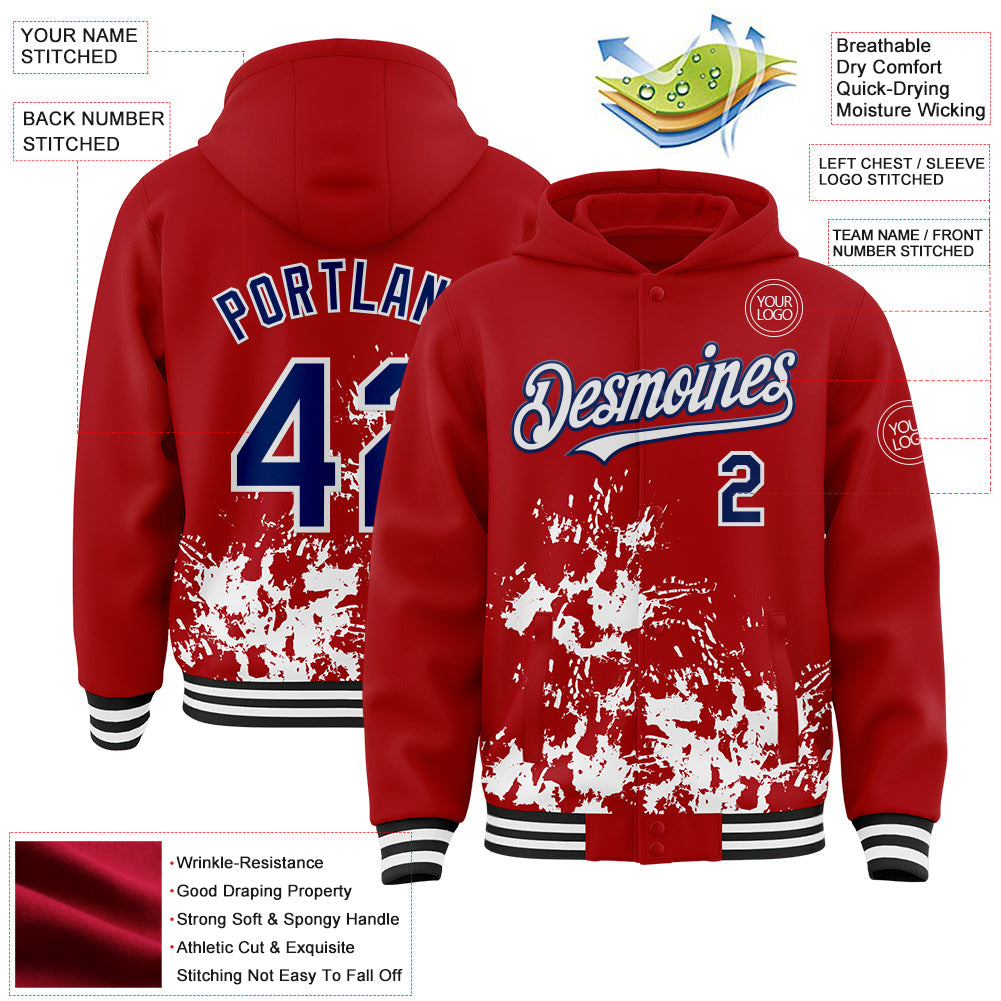 Custom Red Royal Black-White Splash Art 3D Pattern Design Bomber Full-Snap Varsity Letterman Hoodie Jacket view 4