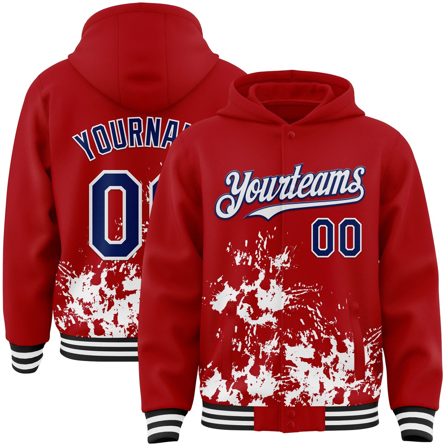 Custom Red Royal Black-White Splash Art 3D Pattern Design Bomber Full-Snap Varsity Letterman Hoodie Jacket - Main View