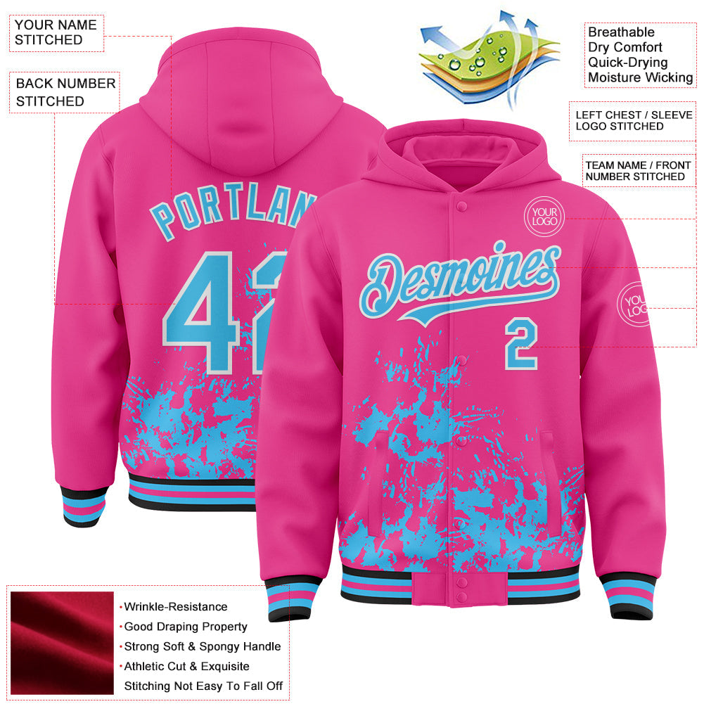 Custom Pink Sky Blue Black-White Splash Art 3D Pattern Design Bomber Full-Snap Varsity Letterman Hoodie Jacket view 4