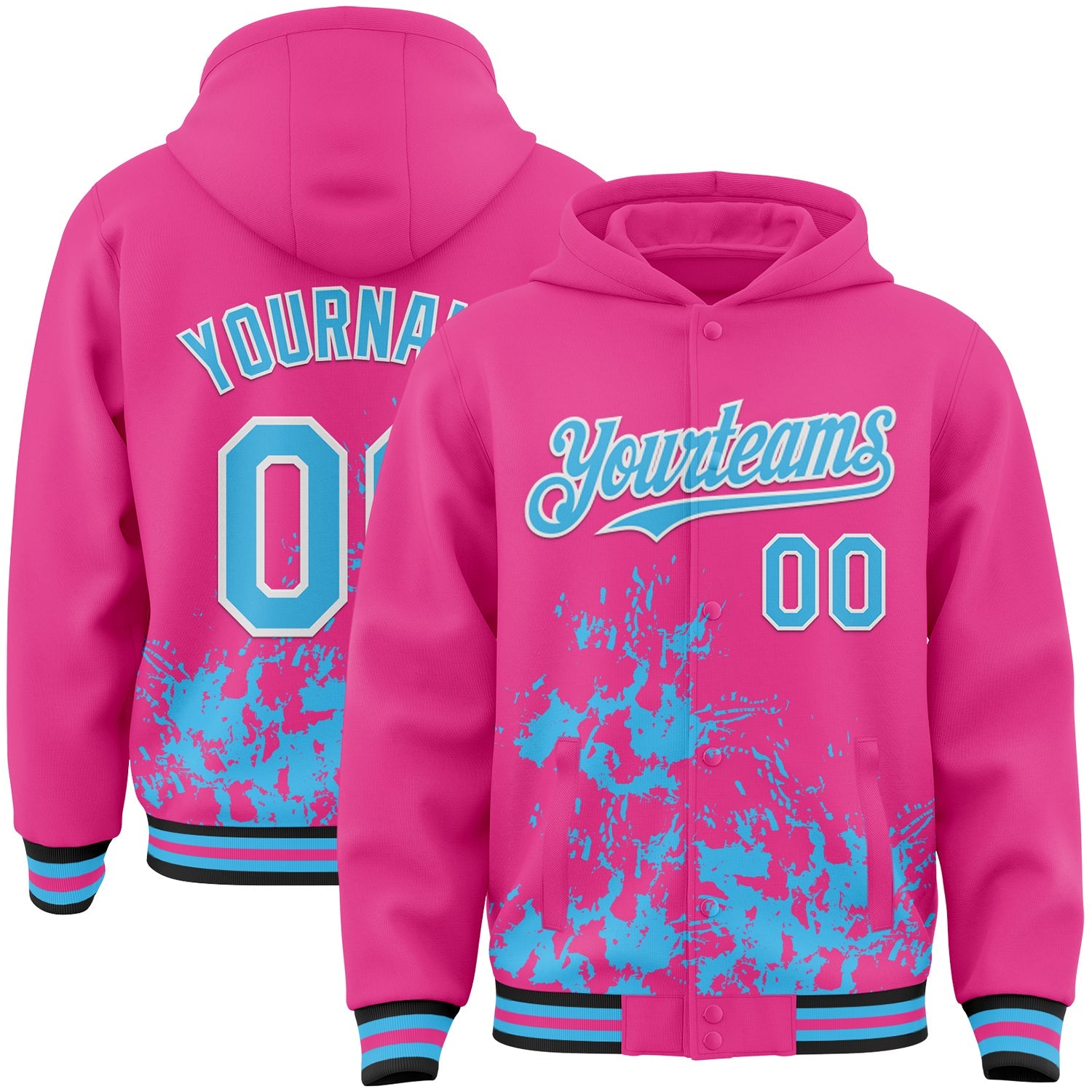 Custom Pink Sky Blue Black-White Splash Art 3D Pattern Design Bomber Full-Snap Varsity Letterman Hoodie Jacket - Main View