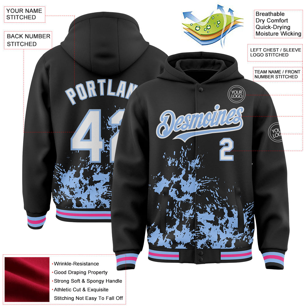 Custom Black White Light Blue-Pink Splash Art 3D Pattern Design Bomber Full-Snap Varsity Letterman Hoodie Jacket view 4