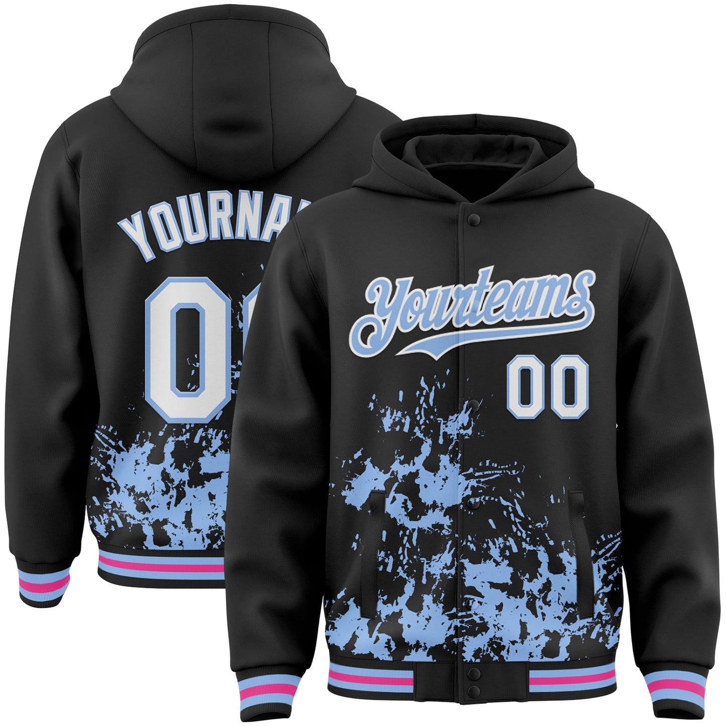 Custom Black White Light Blue-Pink Splash Art 3D Pattern Design Bomber Full-Snap Varsity Letterman Hoodie Jacket - Main View