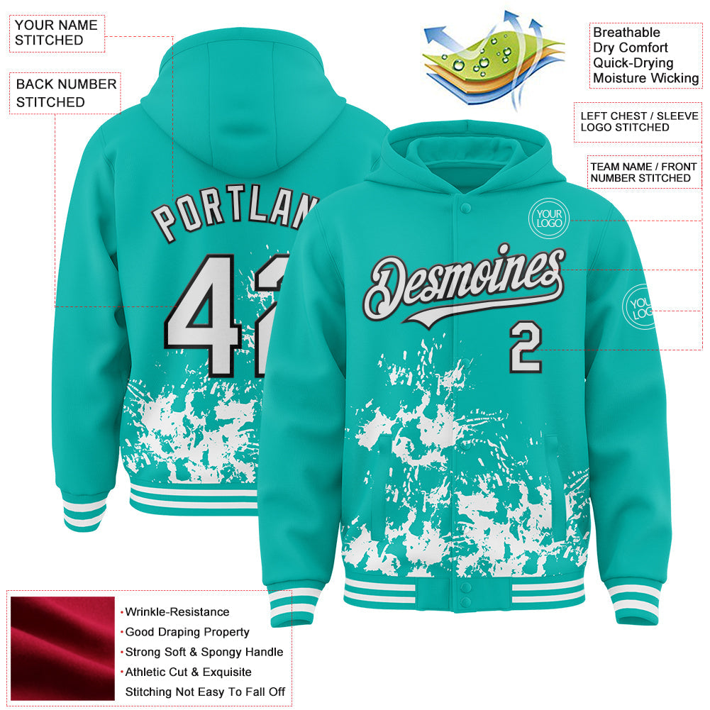 Custom Aqua White-Black Splash Art 3D Pattern Design Bomber Full-Snap Varsity Letterman Hoodie Jacket view 4