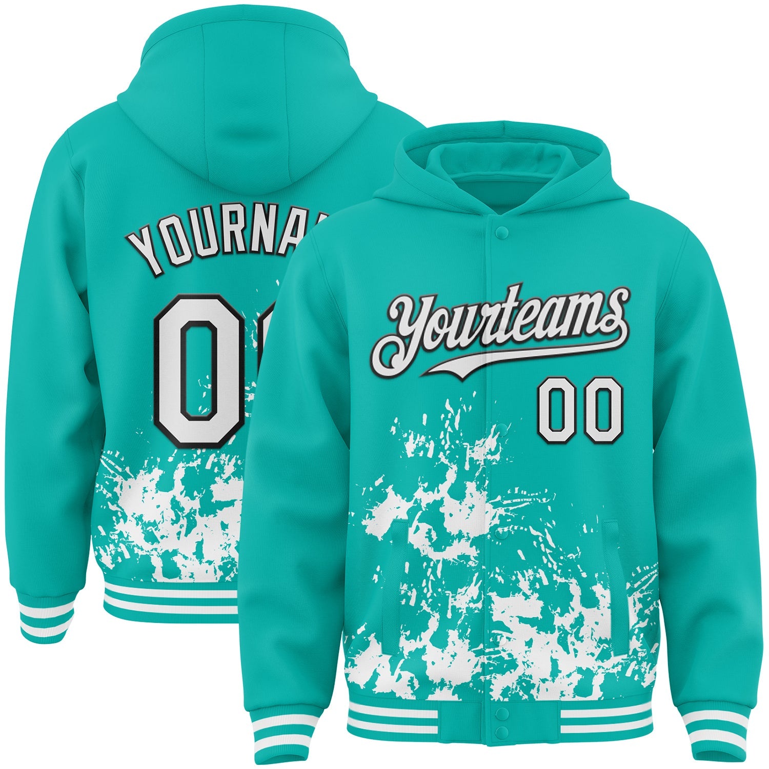 Custom Aqua White-Black Splash Art 3D Pattern Design Bomber Full-Snap Varsity Letterman Hoodie Jacket - Main View