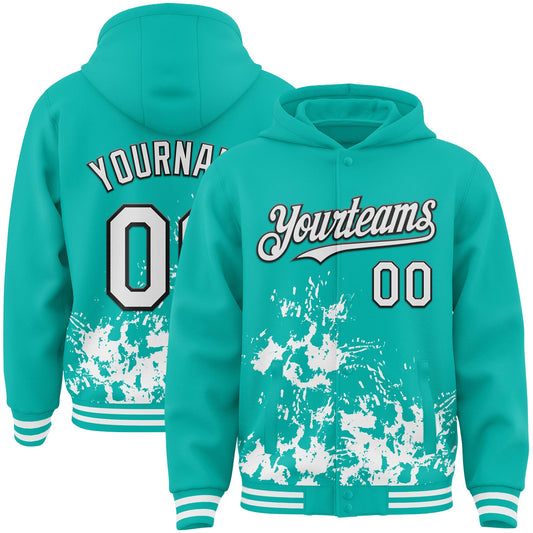 Custom Aqua White-Black Splash Art 3D Pattern Design Bomber Full-Snap Varsity Letterman Hoodie Jacket - Main View