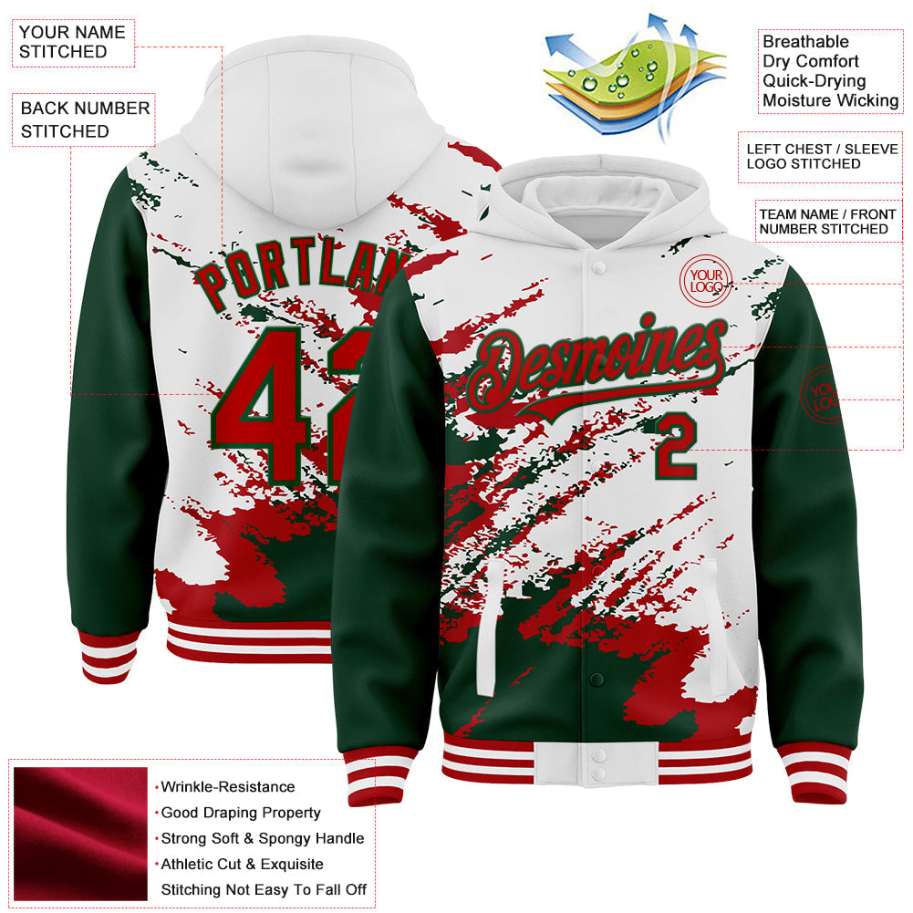 Custom White Red-Green Splash Art 3D Pattern Design Bomber Full-Snap Varsity Letterman Hoodie Jacket view 4
