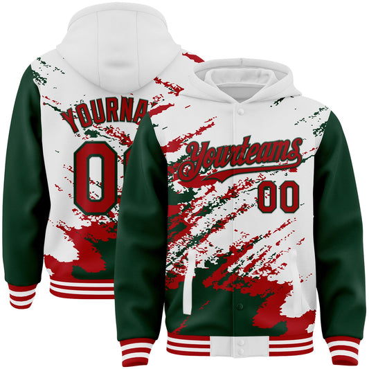 Custom White Red-Green Splash Art 3D Pattern Design Bomber Full-Snap Varsity Letterman Hoodie Jacket - Main View